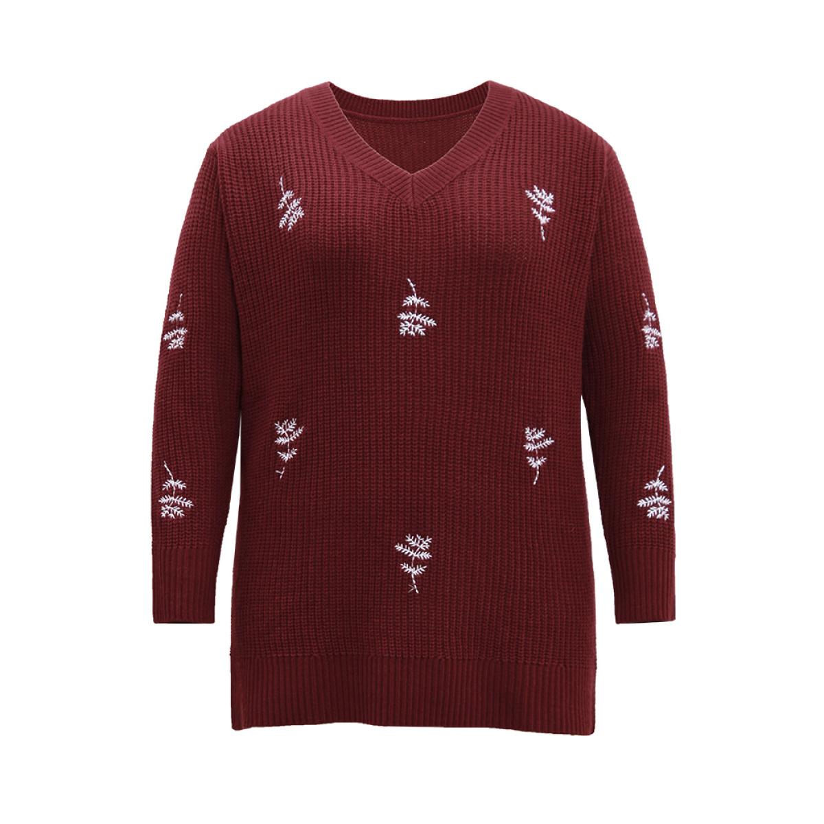 Plus Size Plants Embroidered Plisse Elastic Cuffs Pullover Scarlet Women Casual Loose Long Sleeve V-neck Everyday Pullovers BloomChic 18-20/2X Product Image