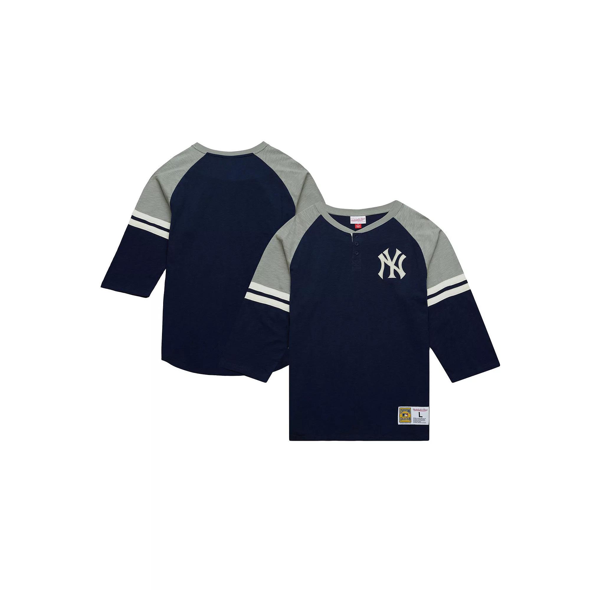Men's Mitchell & Ness Navy New York Yankees Cooperstown Collection Legendary Raglan Slub Henley 3/4-Sleeve T-Shirt, Size: Small, Blue Product Image
