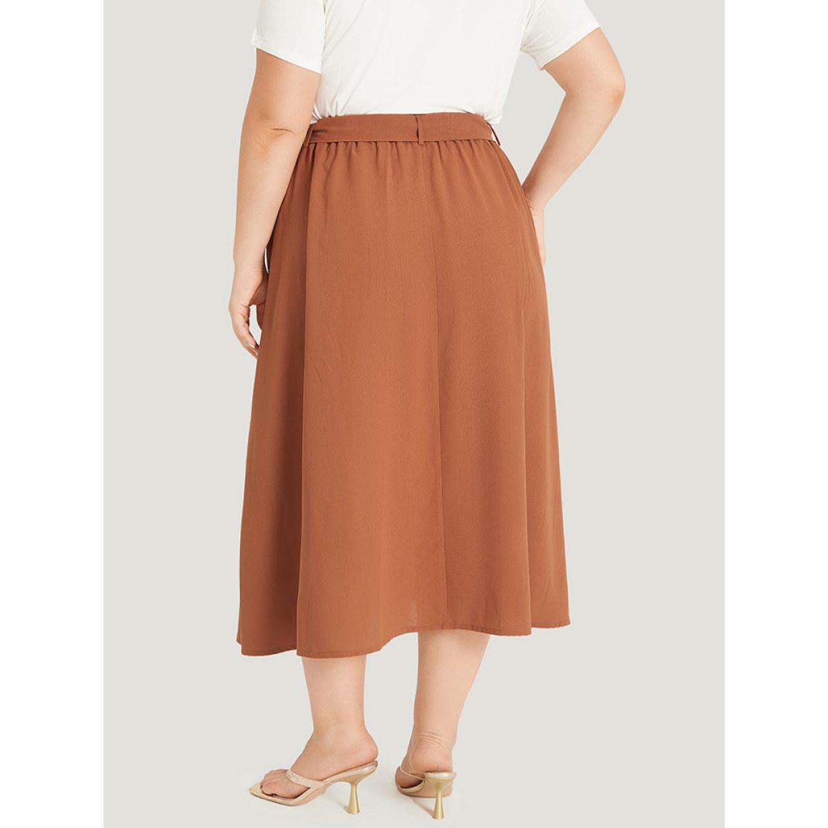 Plus Size Contrast Button Detail Flap Pocket Gathered Skirt Women OrangeRed Elegant Belted No stretch Pocket Dailywear Skirts BloomChic 22-24/3X Product Image