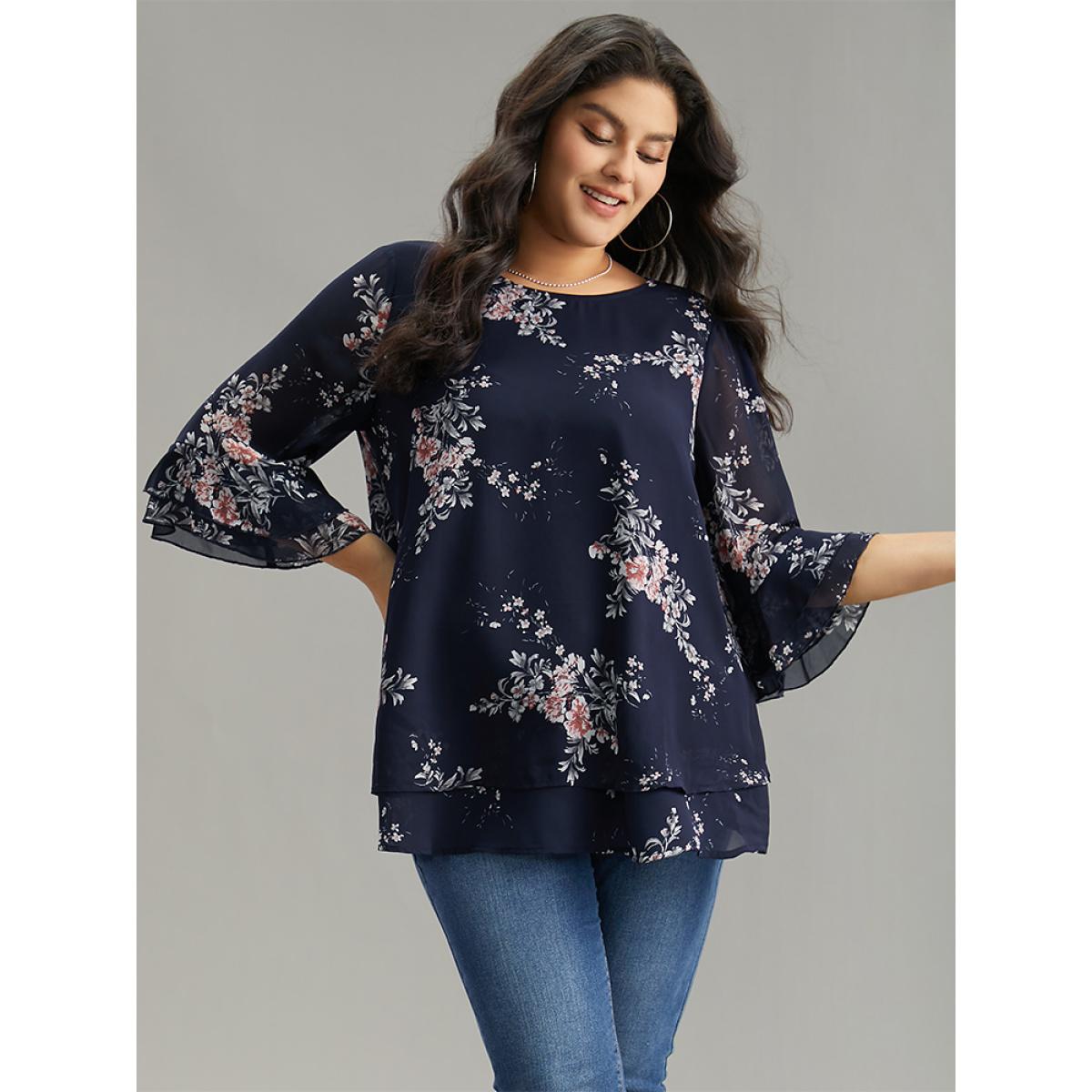 Plus Size Indigo Floral Chiffon Ruffle Sleeve Mesh Patchwork Blouse Women Elegant Elbow-length sleeve Round Neck Everyday Blouses BloomChic 10/M Product Image