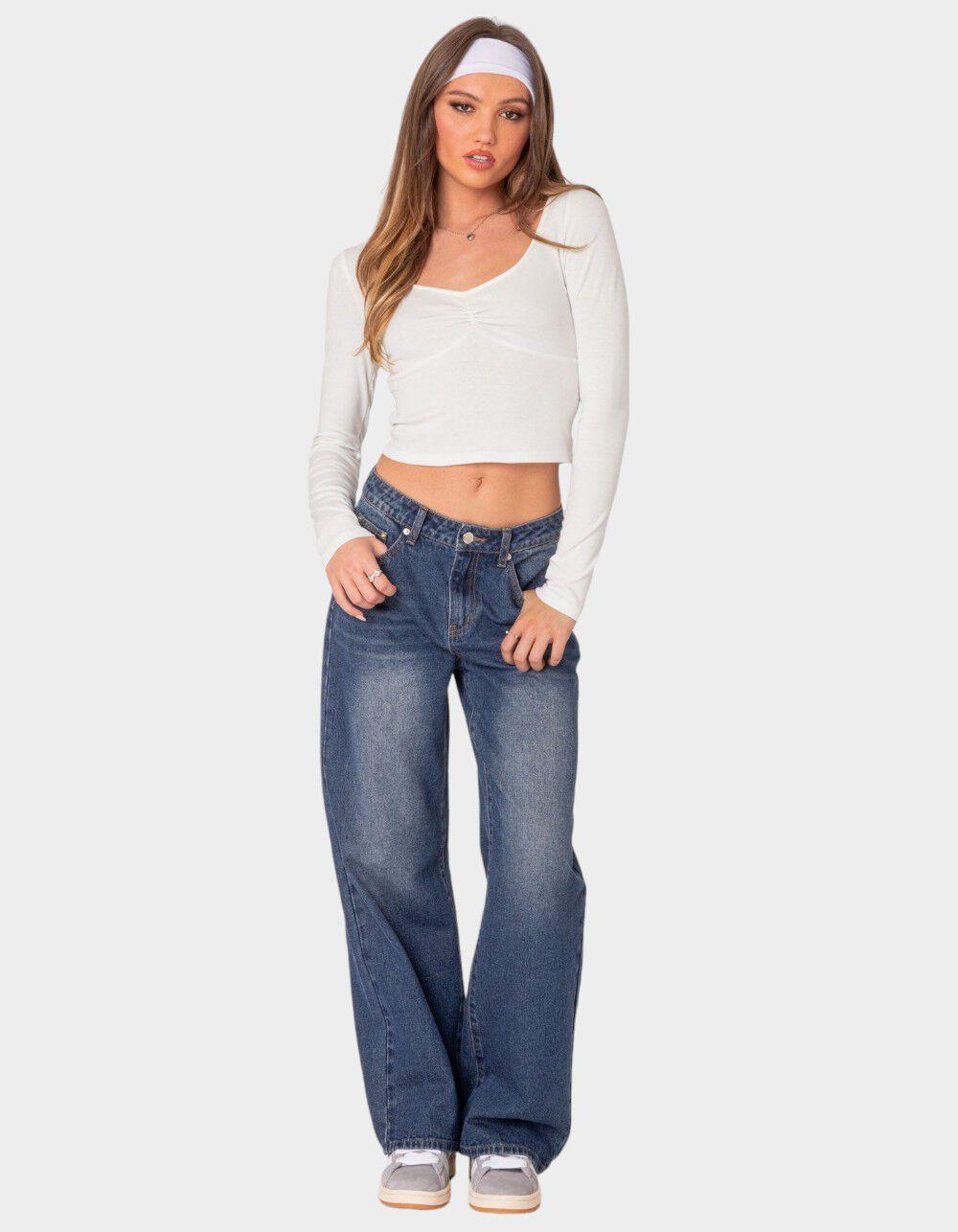 EDIKTED Karie Relaxed Mid Rise Jeans - DARK BLUE Product Image