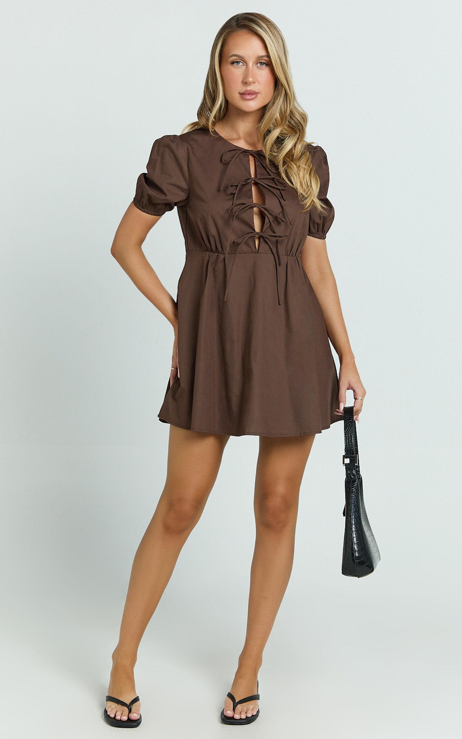Hattie Mini Dress - Tie Front Puff Sleeve Dress in Chocolate Product Image