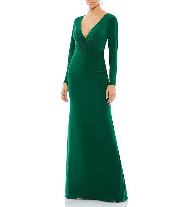 Mac Duggal Long Sleeve Surplice V-Neck Column Faux Wrap Gown Product Image