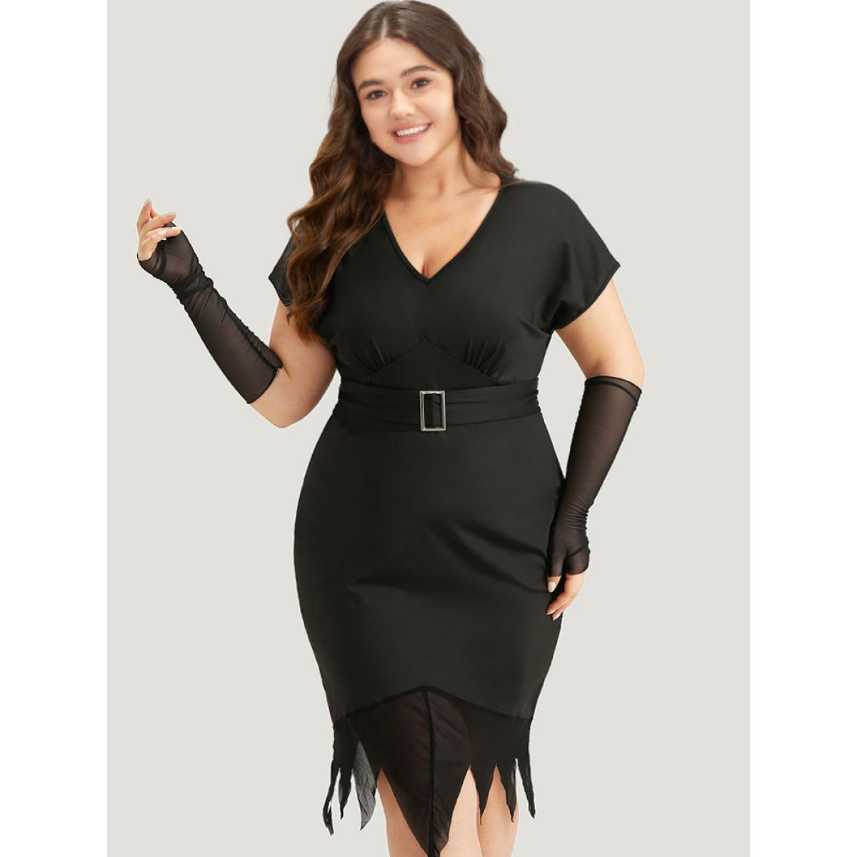 Plus Size Halloween Solid Mermaid Hem Mesh Bowknot Dress Black Women Casual Plain V-neck Sleeveless Curvy Knee Dress BloomChic 22-24/3X Product Image
