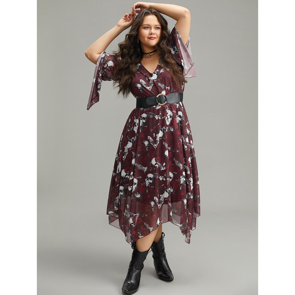 Plus Size Halloween Skull & Floral Print Bell Sleeve Dress Burgundy Women Elegant See through V-neck Long Sleeve Curvy Midi Dress BloomChic 10/M Product Image