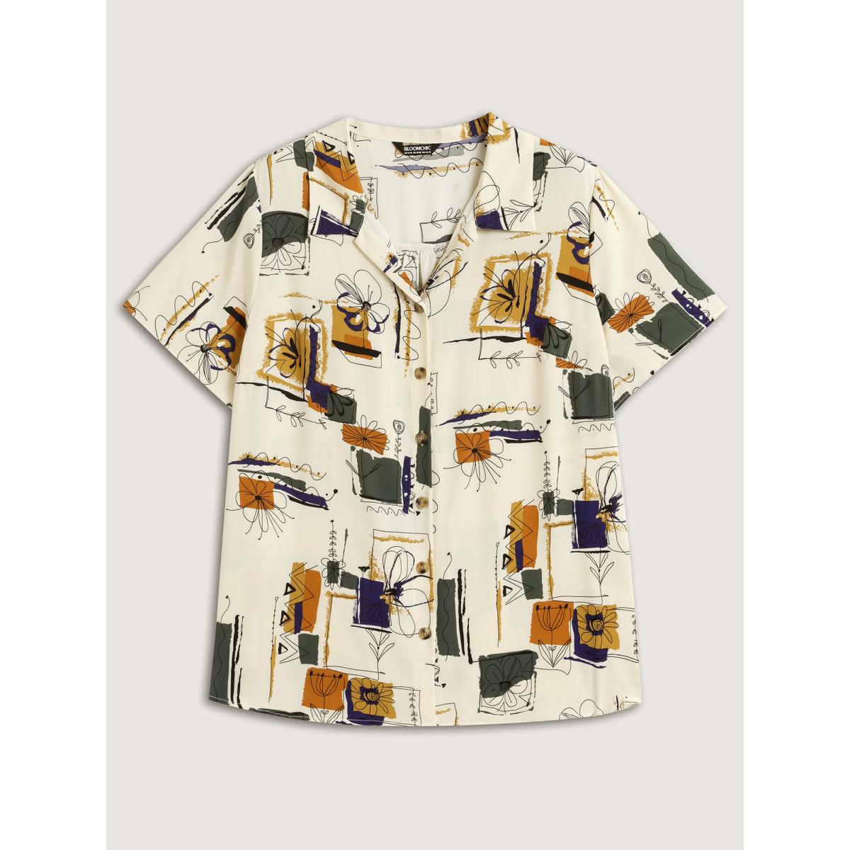 Plus Size Ivory Floral Notes Collared Blouse Women Short sleeve Shirt collar Everyday-Casual Blouses BloomChic 26/4X Product Image