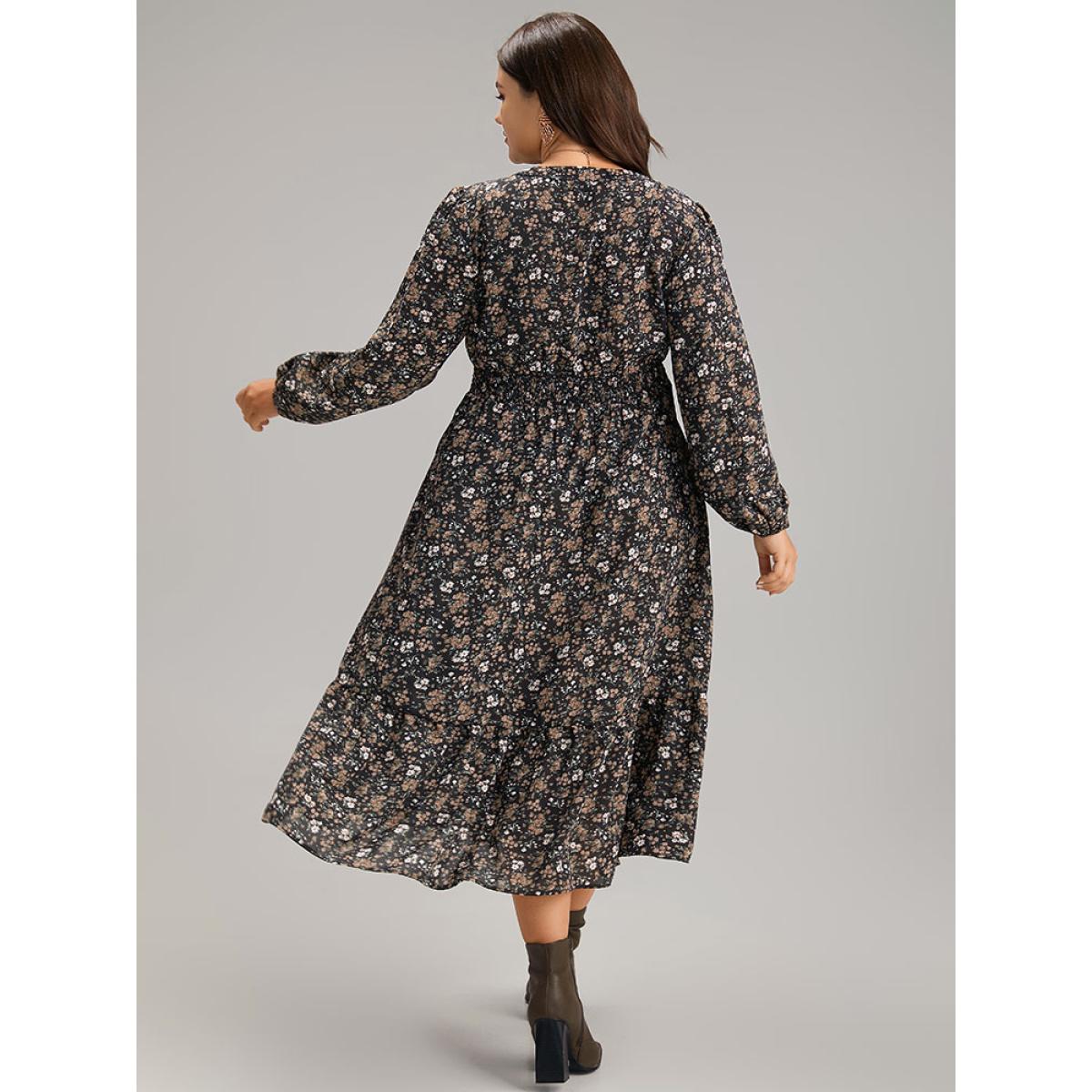 Plus Size Ditsy Floral Notched Flutter Hem Dress Black Women Elegant Elastic cuffs Notched collar Long Sleeve Curvy Midi Dress BloomChic 14-16/1X Product Image