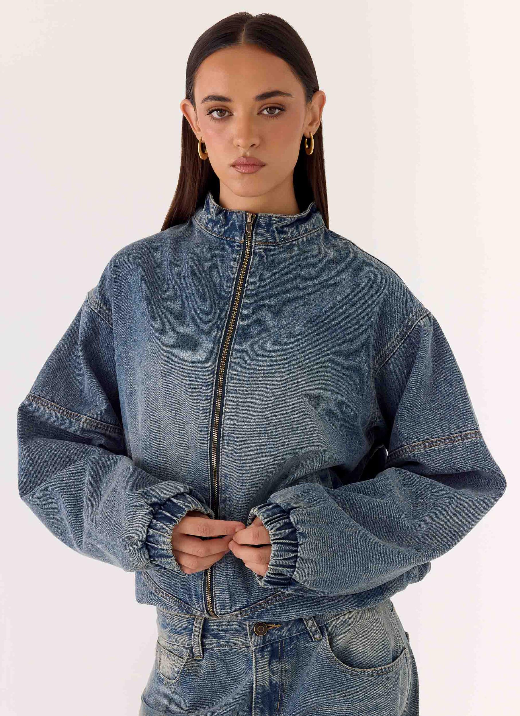 Waylon Denim Bomber Jacket - Mid Wash Blue Product Image