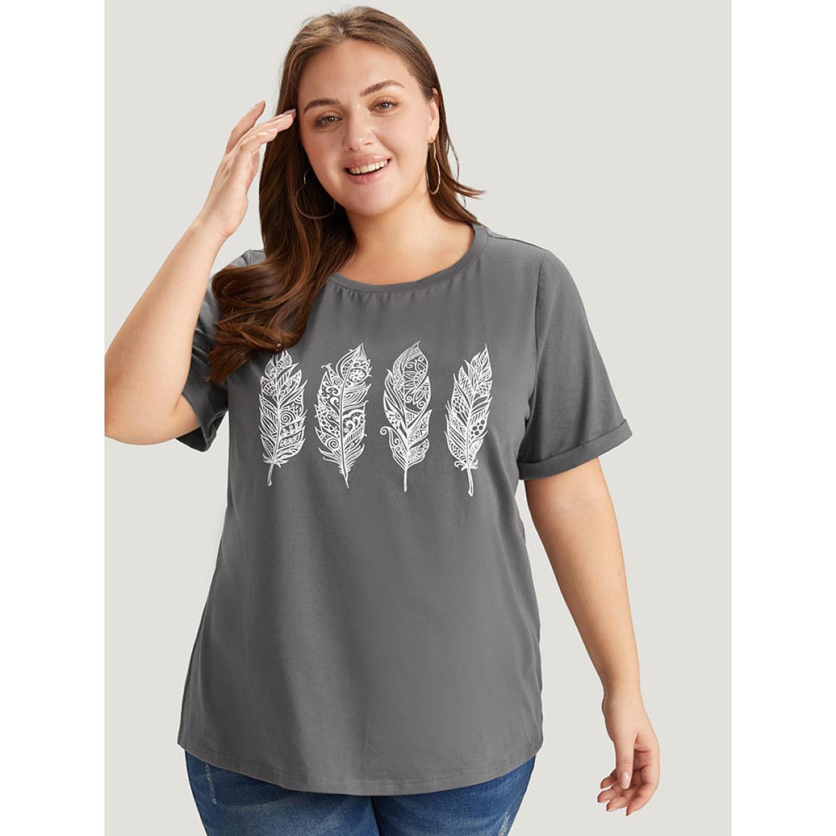 Plus Size Feather Print Roll Sleeve T-shirt DimGray Women Casual Printed Feather Dailywear T-shirts BloomChic 22-24/3X Product Image
