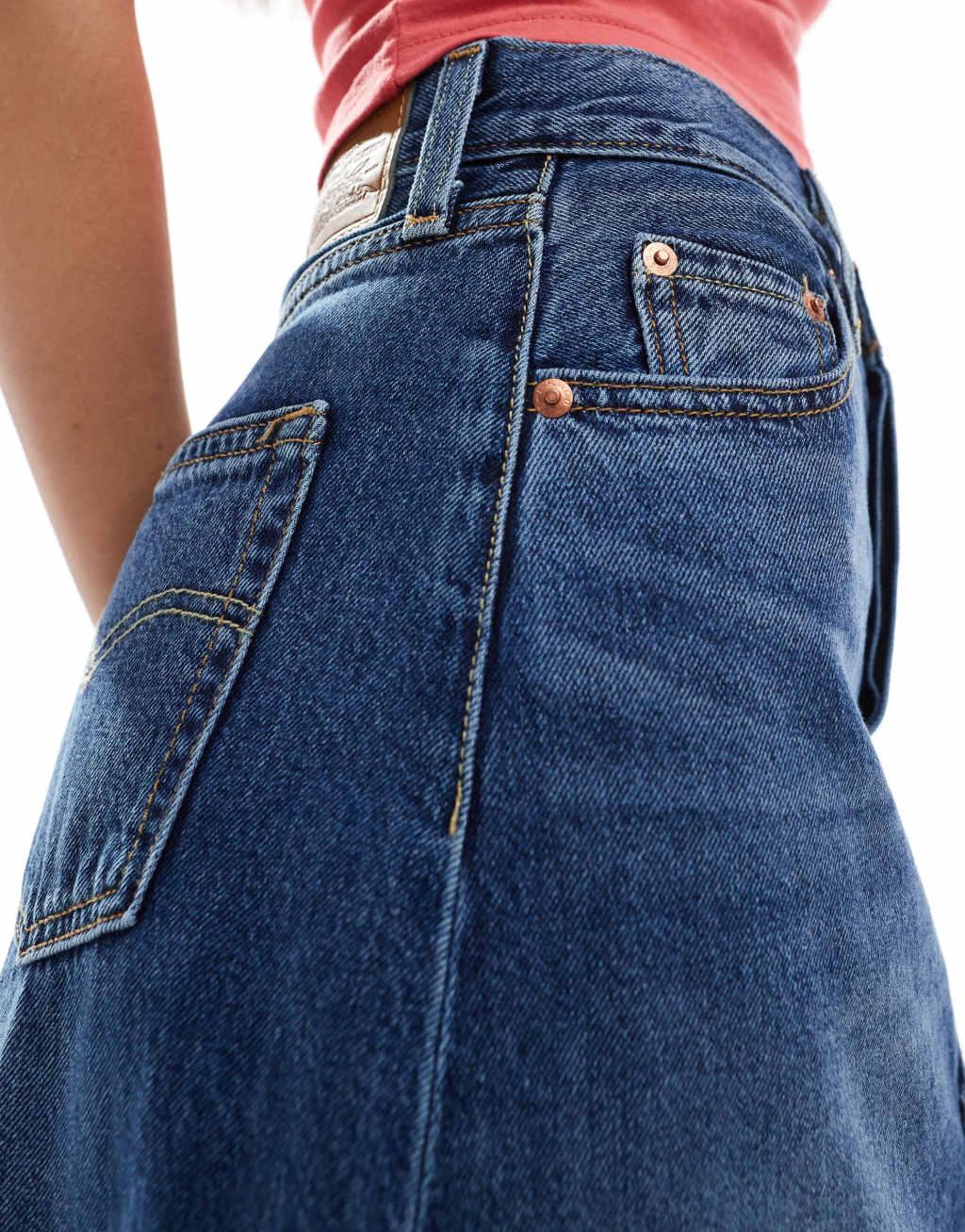 Levi's high rise a-line deconstructed long denim skirt in mid blue  Product Image