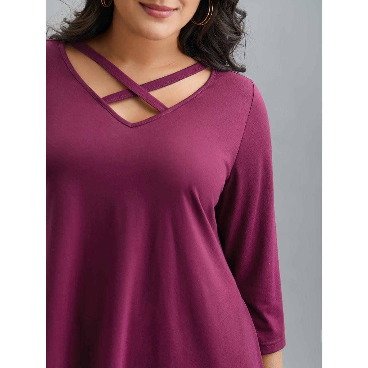 Plus Size Crossover Neck-Tie Flared T-Shirt RedViolet Women Casual Asymmetrical V-neck Loose Everyday T-shirts BloomChic 12/L Product Image