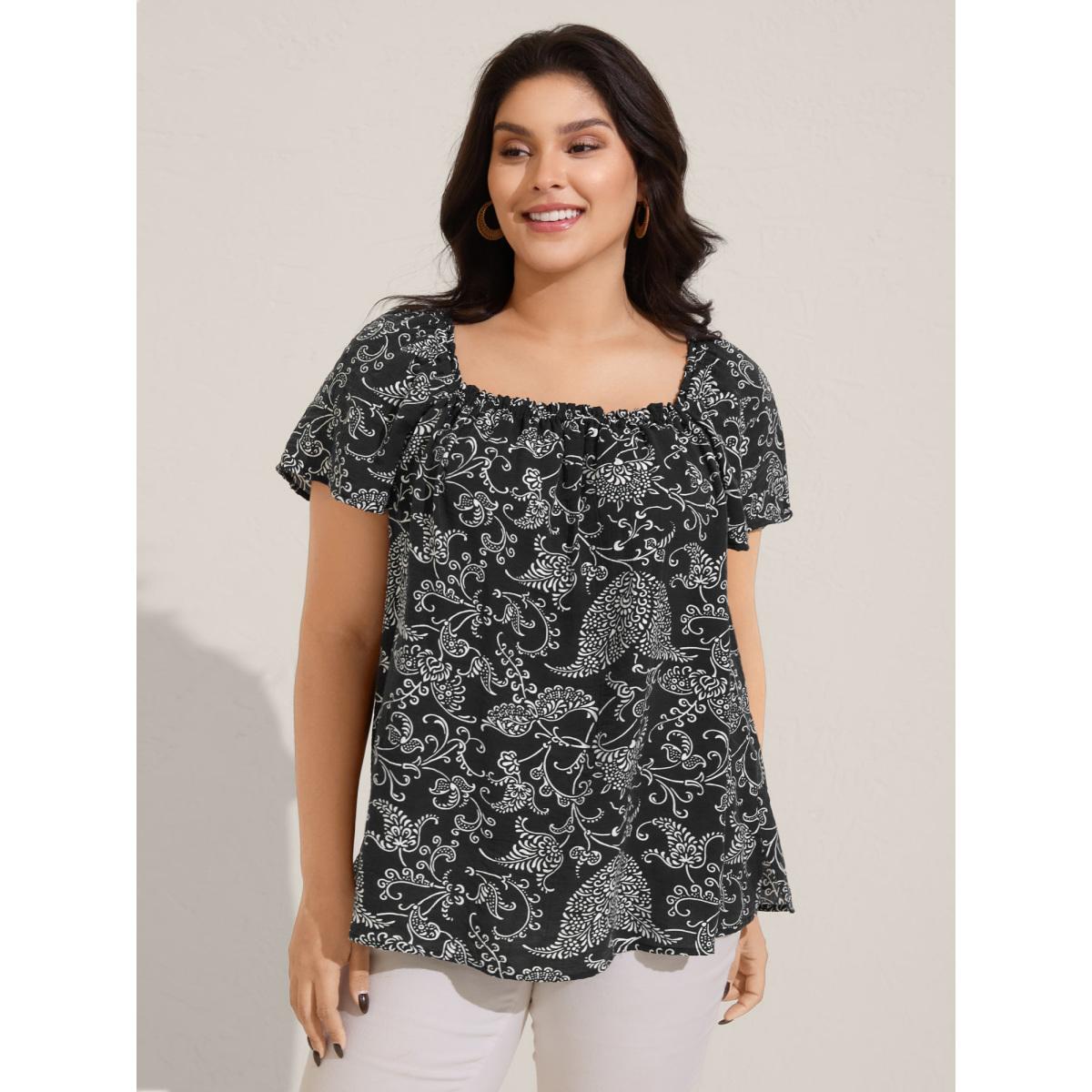 Plus Size Black Floral Print Shirred Neck Flowy Blouse Women Boho Short sleeve Square Neck Vacation Blouses BloomChic 10/M Product Image