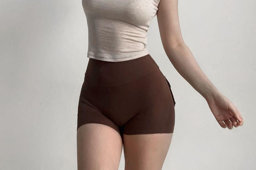 Cap-Sleeve Scoop Neck Melange Crop Slim Fit Sports T-Shirt Product Image