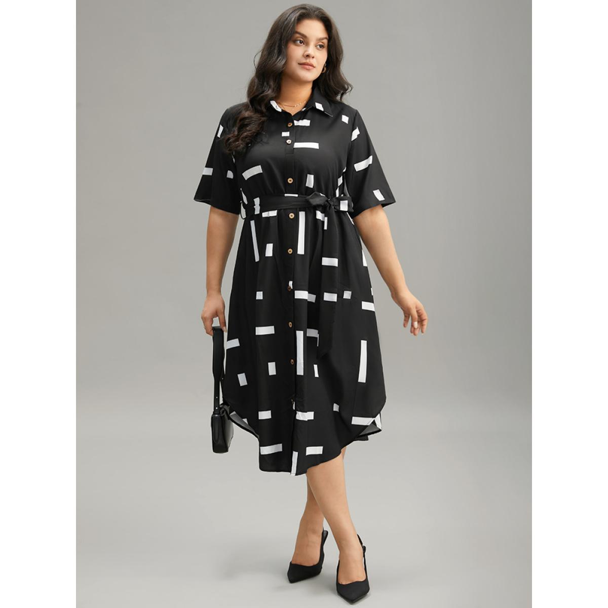 Plus Size Geometric Print Shirt Collar Button Up Belted Dress Black Women Office Belted Shirt collar Short sleeve Curvy Midi Dress BloomChic 30/6X Product Image
