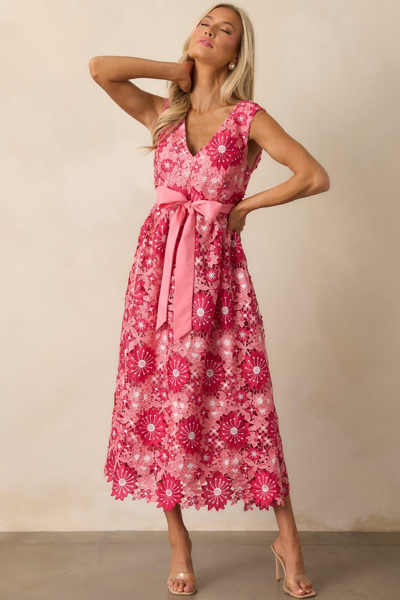 First Dance Pink Floral Embroidered Midi Dress Product Image