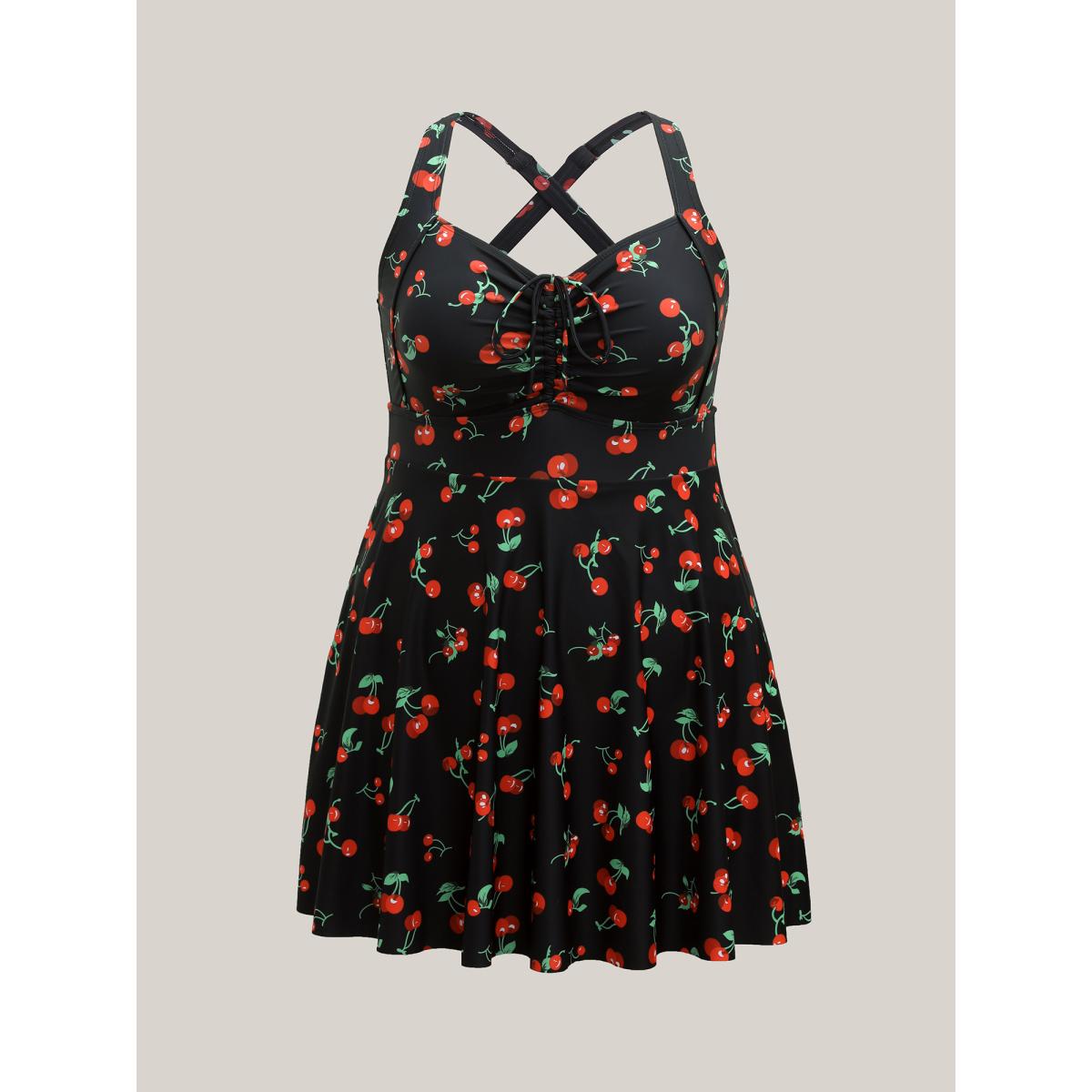 Plus Size Anti-Float Tie Cherry Print Swim Dress Women's Swimwear Black Resort Bodycon Heart neckline High stretch Curve Swim Dresses BloomChic 14-16/1X Product Image