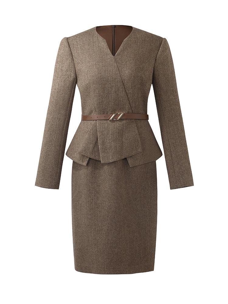 Washable Wool Faux-Layered Women Mini Dress With Belt Product Image