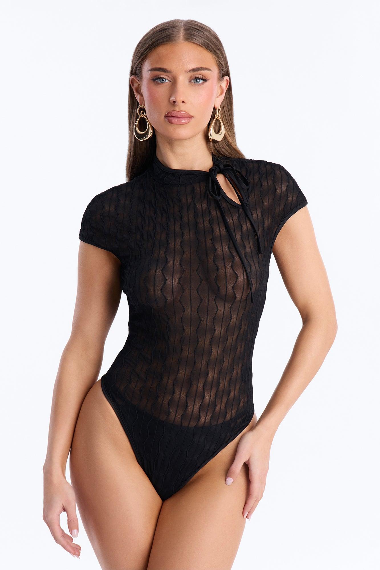 Nayeli Sheer Mesh Short Sleeve Bodysuit - Black Female Product Image