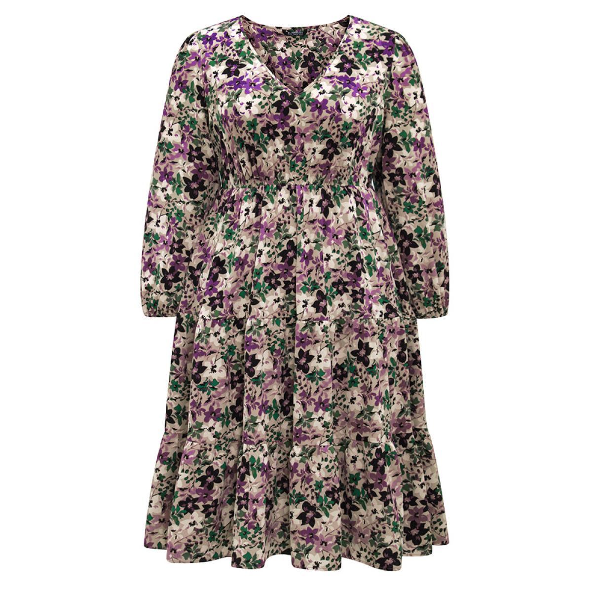 Plus Size Floral Gathered Ruffle Layered Hem Dress Mauve Women Elegant Elastic cuffs V-neck Long Sleeve Curvy Midi Dress BloomChic 28/5X Product Image