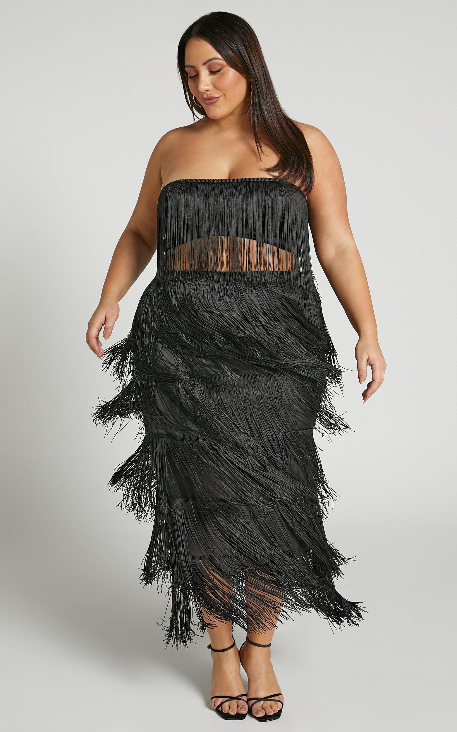 Amalee Two Piece Set - Fringe Strapless Crop Top and Midi Skirt Set in Black Product Image