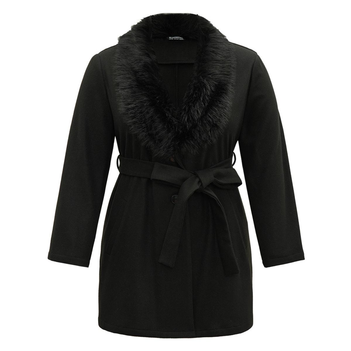 Plus Size Plain Fuzzy Trim Patchwork Belted Coat Women Black Casual Plain Ladies Dailywear Winter Coats BloomChic 22-24/3X Product Image
