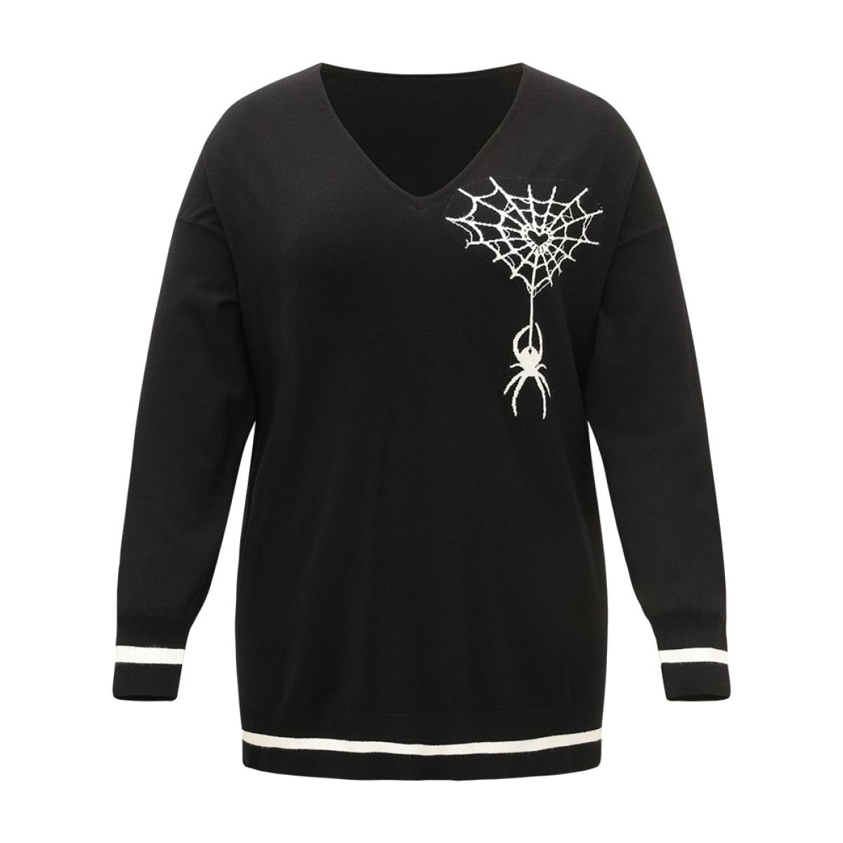 Plus Size Halloween Supersoft Essentials Spider Web Print Contrast Trim Pullover Black Women Casual Loose Long Sleeve V-neck Festival-Halloween Pullovers BloomChic 28/5X Product Image