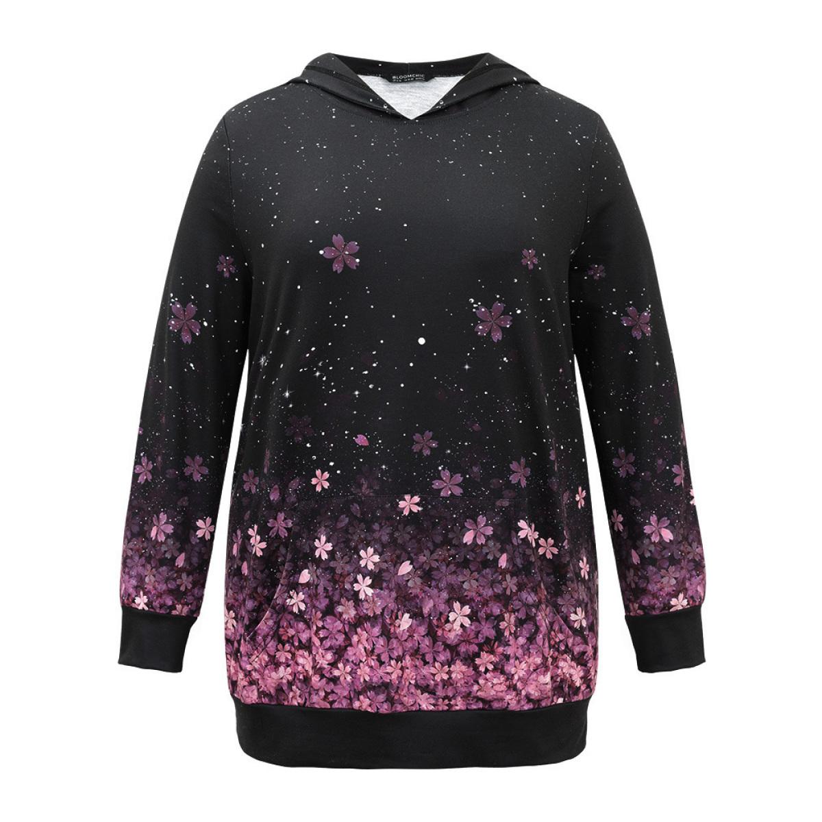 Plus Size Floral Hooded Kangaroo Pocket Sweatshirt Women Black Casual Printed Hooded Dailywear Sweatshirts BloomChic 30/6X Product Image