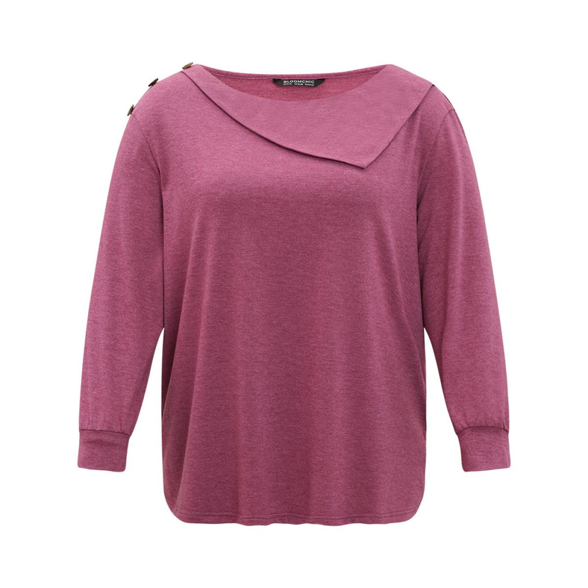 Plus Size Plain Elastic Cuffs Button Detail Asymmetrical Neck Sweatshirt Women RedViolet Elegant Elastic cuffs Round Neck Dailywear Sweatshirts BloomChic 26/4X Product Image