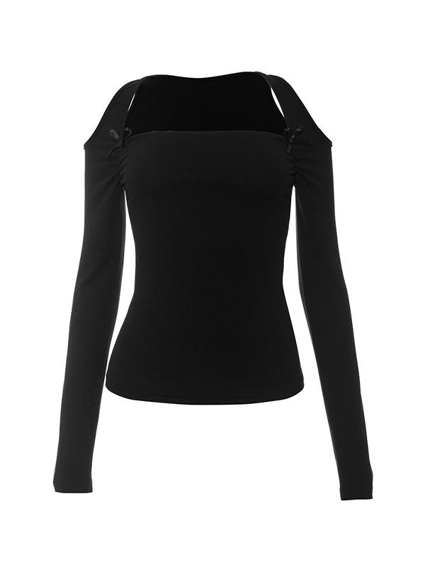 Solid Halter Bow Ruched Long Sleeve Tee Product Image