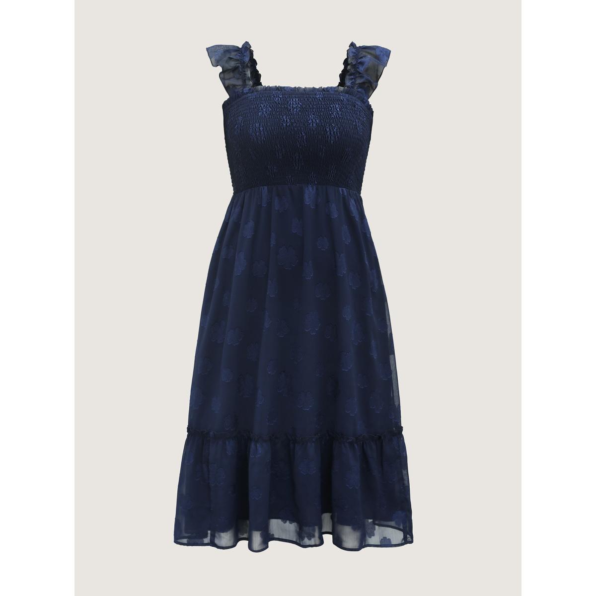 Plus Size Jacquard Shirred Bodice Ruffled Midi Dress Teal Women Square Neck Cap Sleeve Curvy BloomChic 28/5X Product Image