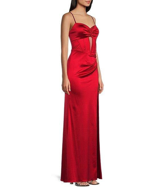 Blondie Nites Power Sateen Pinch Neckline Spaghetti Strap Keyhole Corset Dress Product Image