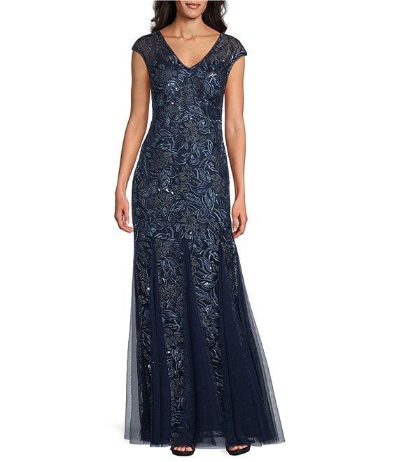 Alex Evenings V-Neck Cap Sleeve Floral Embroidered Stretch Tulle Godet Skirt Long Dress Product Image