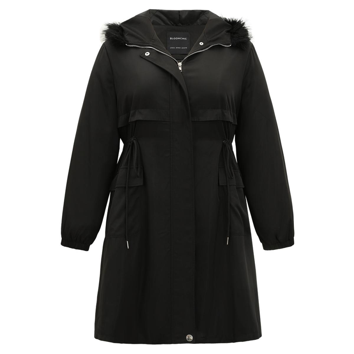 Plus Size Solid Hooded Drawstring Zipper Fuzzy Trim Coat Women Black Casual Plain Ladies Dailywear Winter Coats BloomChic 18-20/2X Product Image