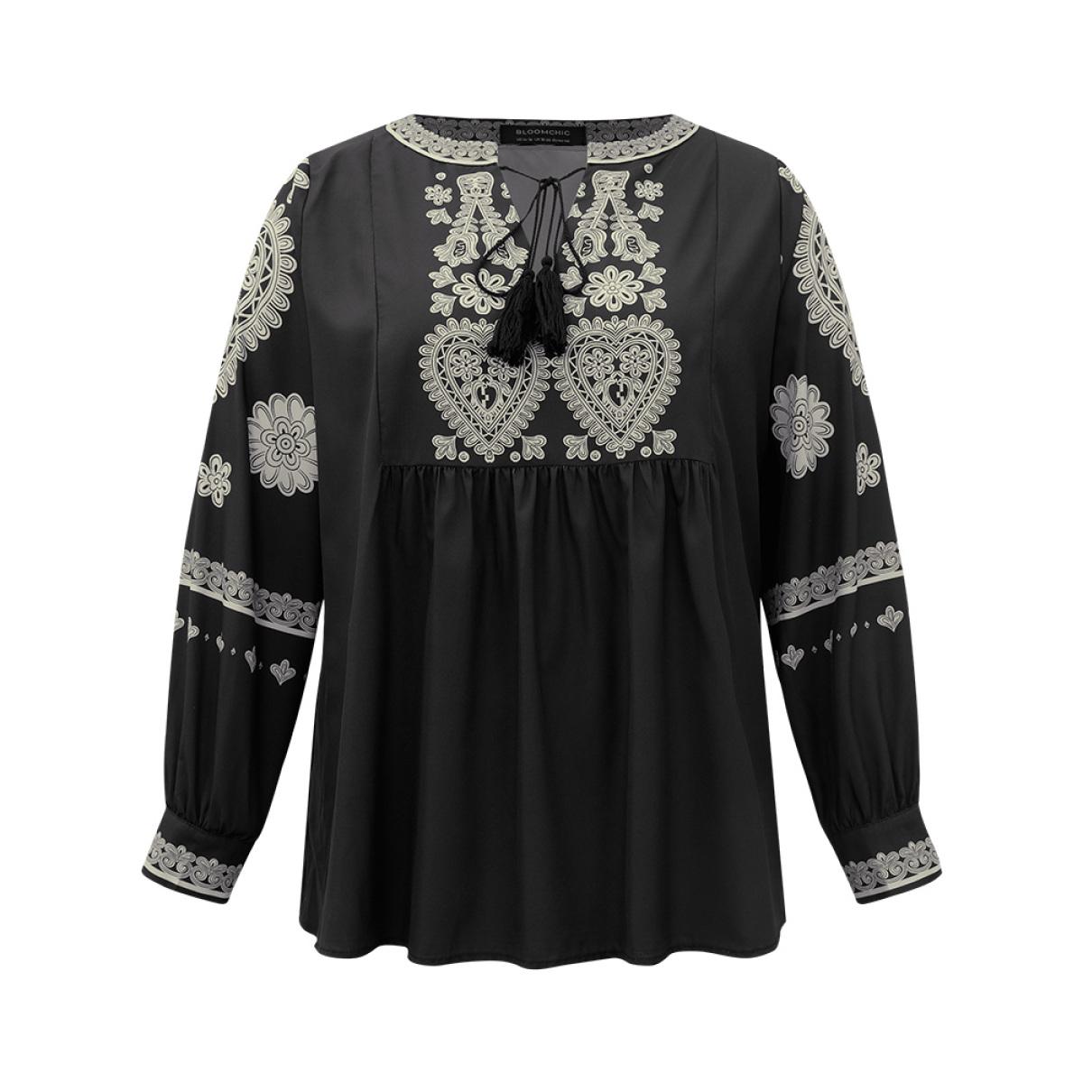 Plus Size BlackFlower Boho Print Tie Neck Tassel Gathered Blouse Women Vacation Long Sleeve Tie Neck Vacation Blouses BloomChic 18-20/2X Product Image