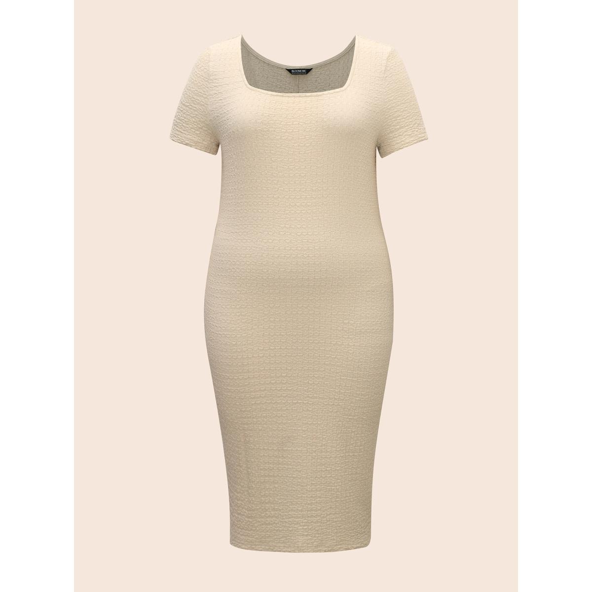 Plus Size U Neck Textured Split Hem Dress Apricot Women Resort Texture U-neck Short sleeve Curvy BloomChic 18-20/2X Product Image