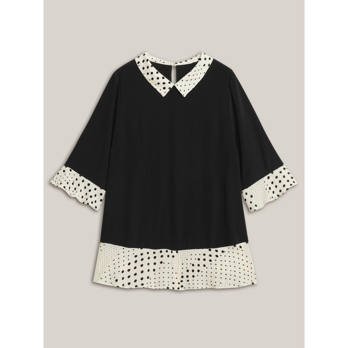 Plus Size Black Sheer Color Contrast Spliced Collar Blouse Women Office Elbow-length sleeve Shirt collar Office Blouses BloomChic 18-20/2X Product Image