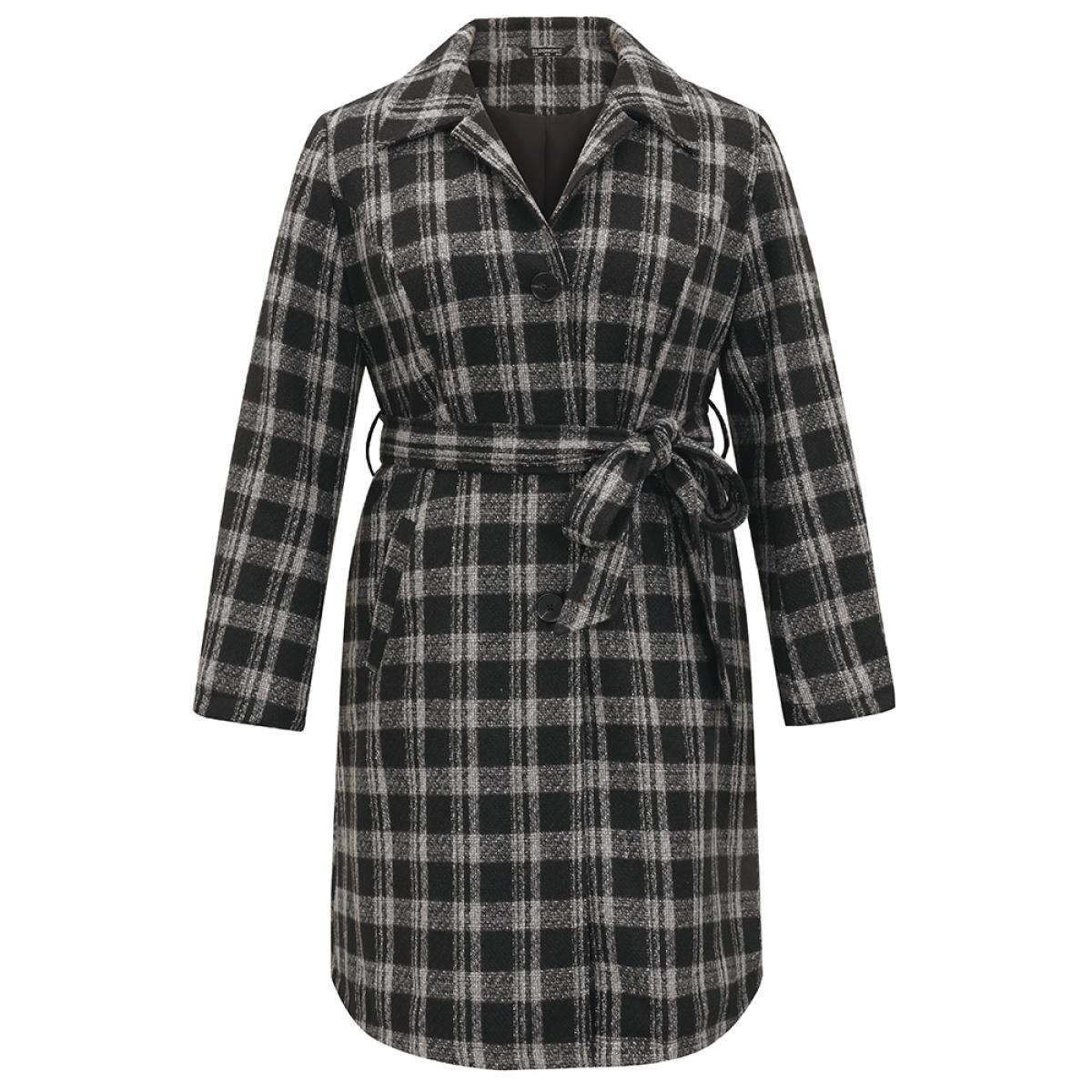 Plus Size Plaid Button Up Belted Bowknot Maxi Coat Women Gray Elegant Lined Ladies Dailywear Winter Coats BloomChic 28/5X Product Image