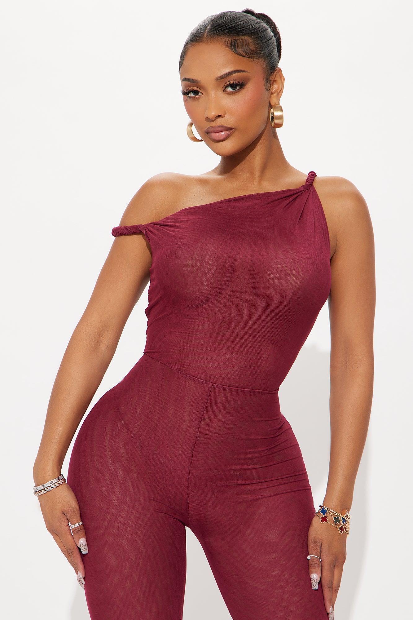 Myla Double Lined Mesh Jumpsuit - Burgundy Product Image