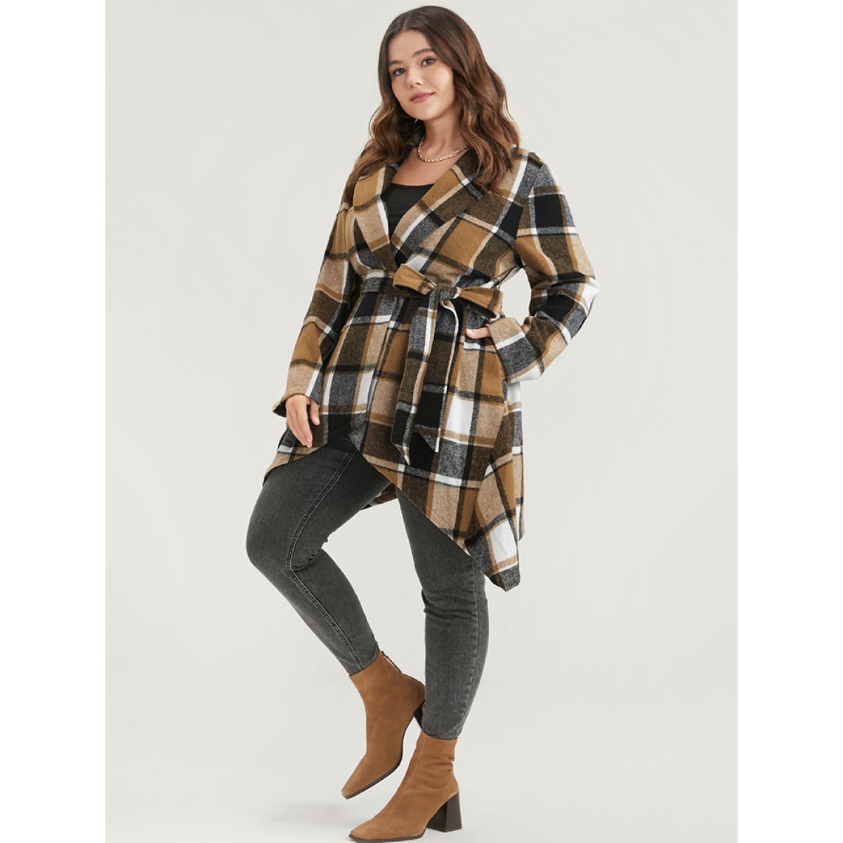 Plus Size Plaid Pocket Lapel Collar Asymmetrical Hem Belted Coat Women Bronze Elegant Button Ladies Dailywear Winter Coats BloomChic 22-24/3X Product Image