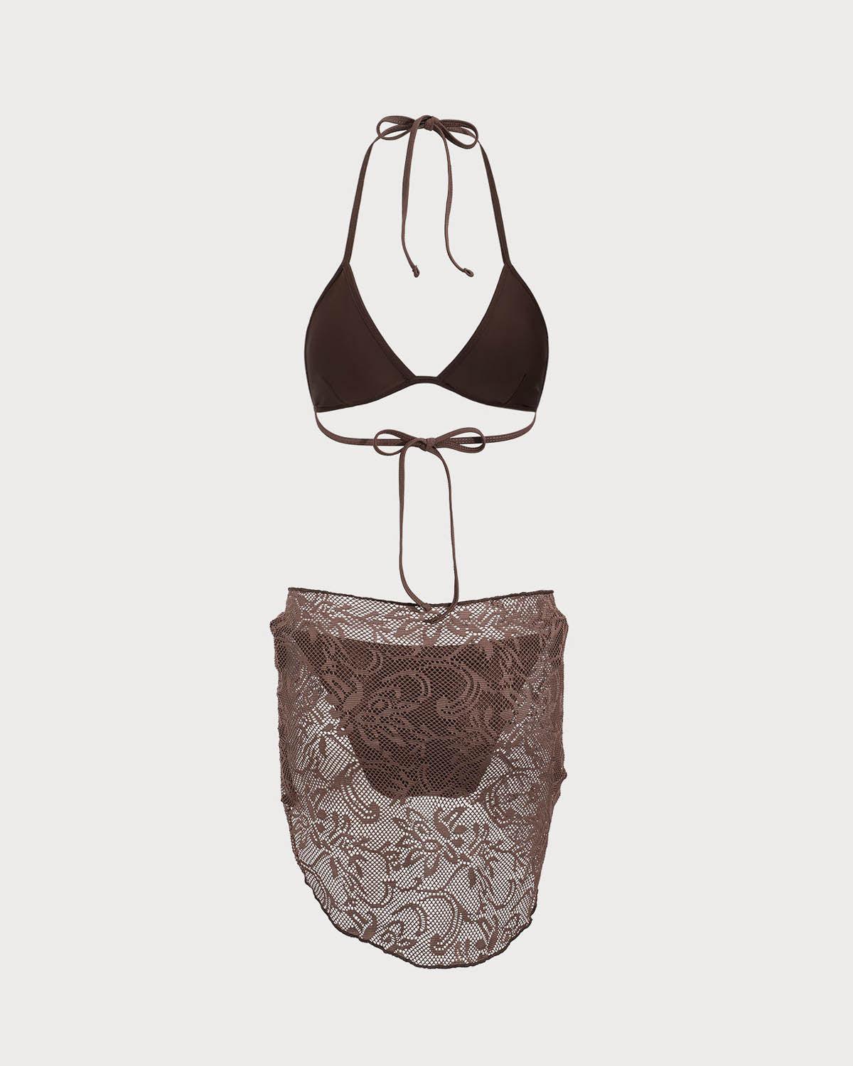 Brown Mesh Bikini Three Piece Suit Product Image