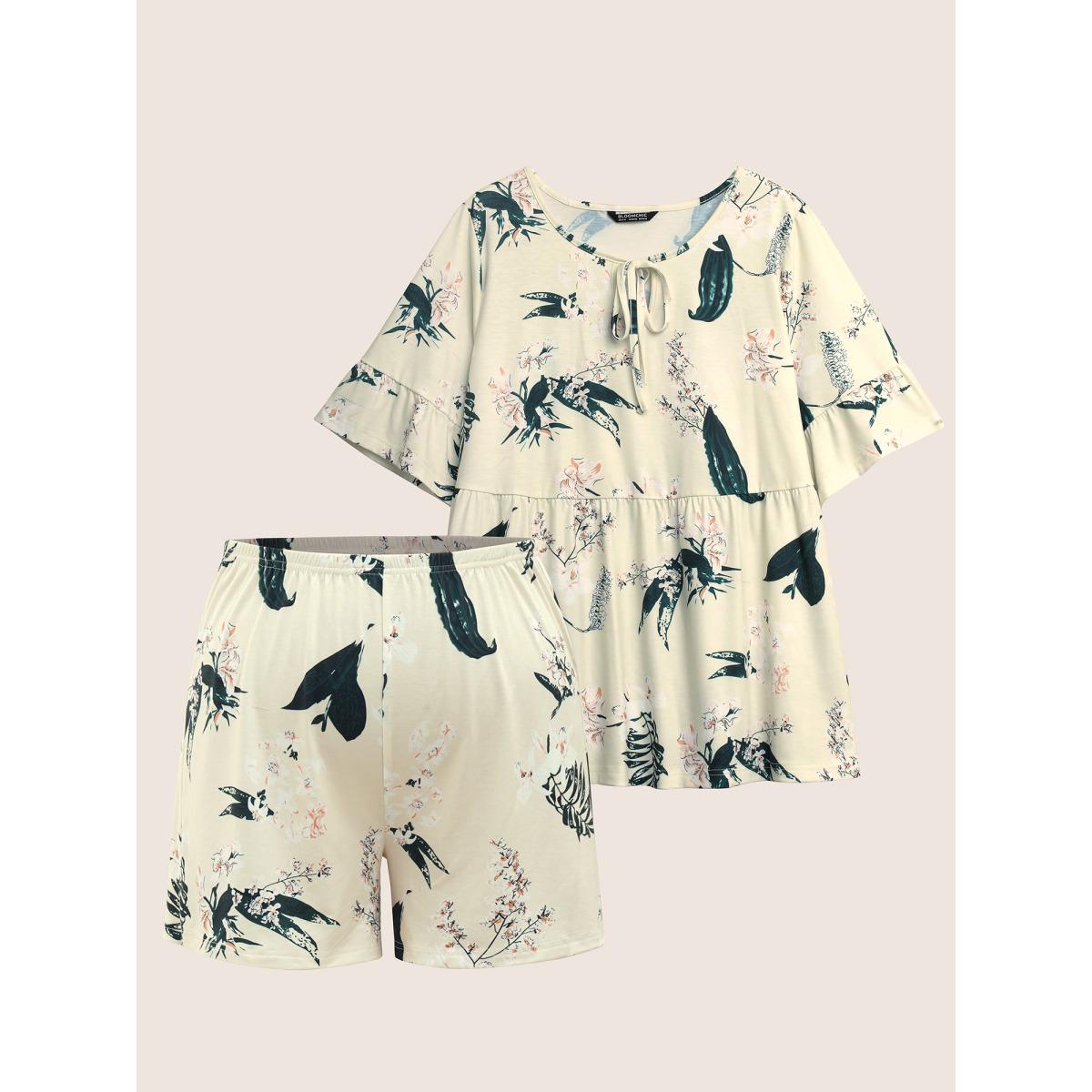 Plus Size Plants Print Knot Ties Gathered Pajama Sets Women Yellow Plants Non Half Sleeve Round Neck Lounge Loungewear Sets BloomChic 12/L Product Image