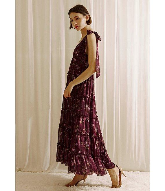 Storia Floral Print Plunge Neck Tie-Shoulder Tiered Open Back Midi Dress Product Image
