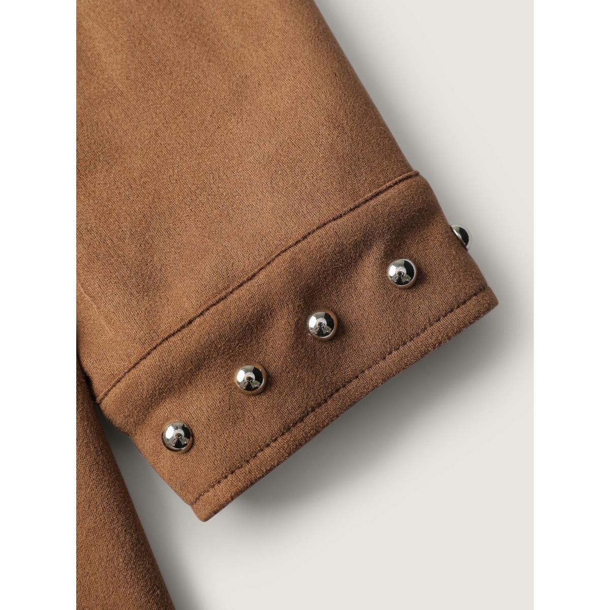 Plus Size Rivet Open-Front Collar Jacket Women Yellowishbrown Single-flap pocket Casual Jackets BloomChic 30/6X Product Image