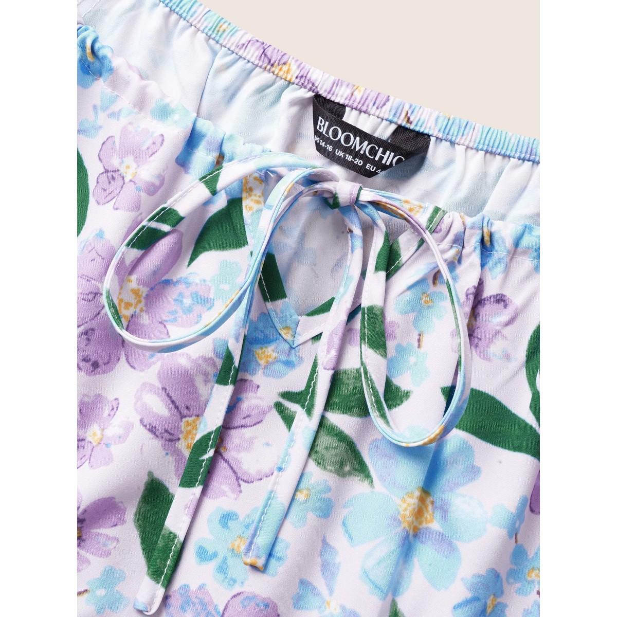 Plus Size Floral Tie Knot Lantern Sleeve Midi Dress Lilac Women Elegant Tie knot Square Neck Short sleeve Curvy BloomChic 22-24/3X Product Image