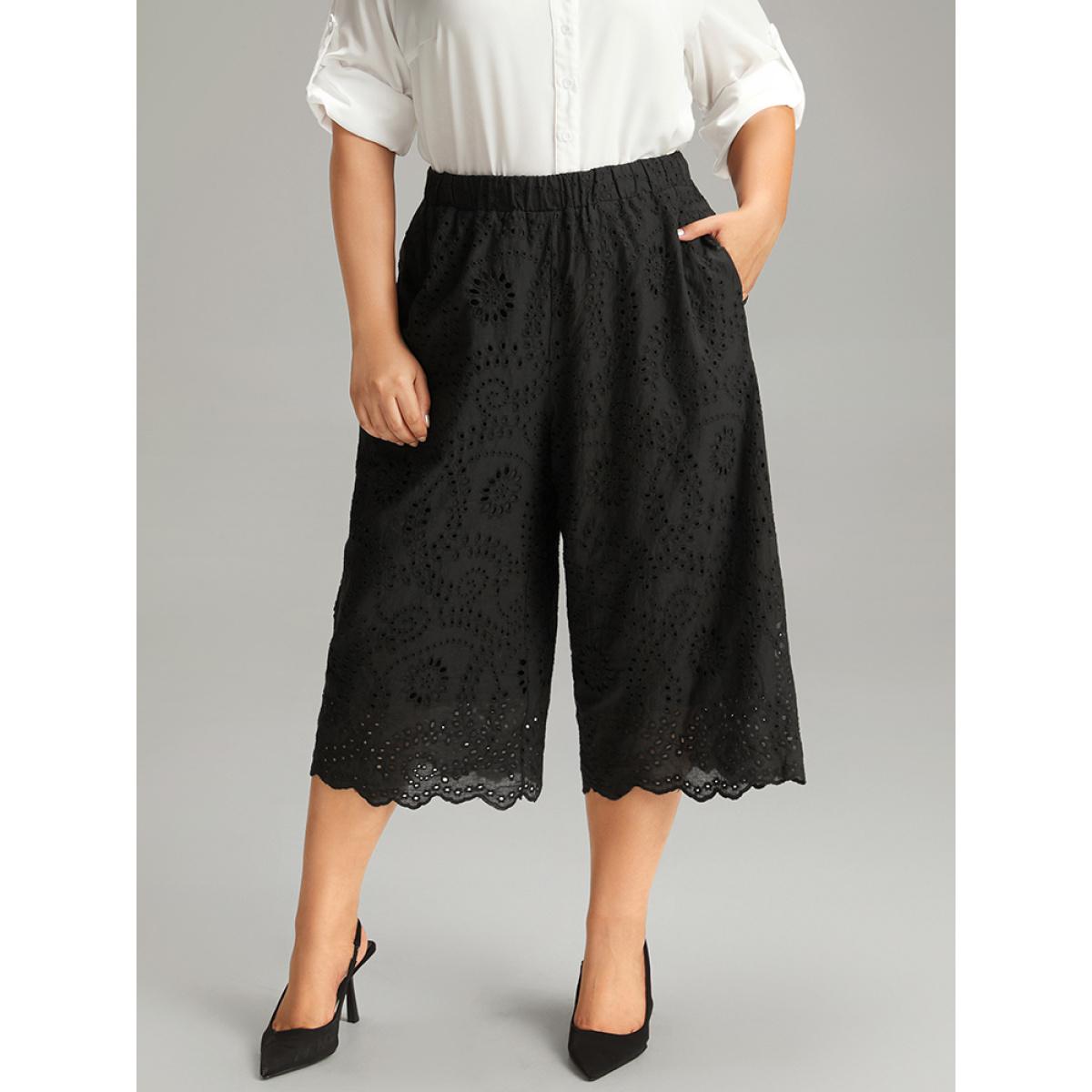 Plus Size Solid Broderie Anglaise Scalloped Trim Cropped Pants Women Black Elegant Straight Leg High Rise Dailywear Pants BloomChic 14-16/1X Product Image