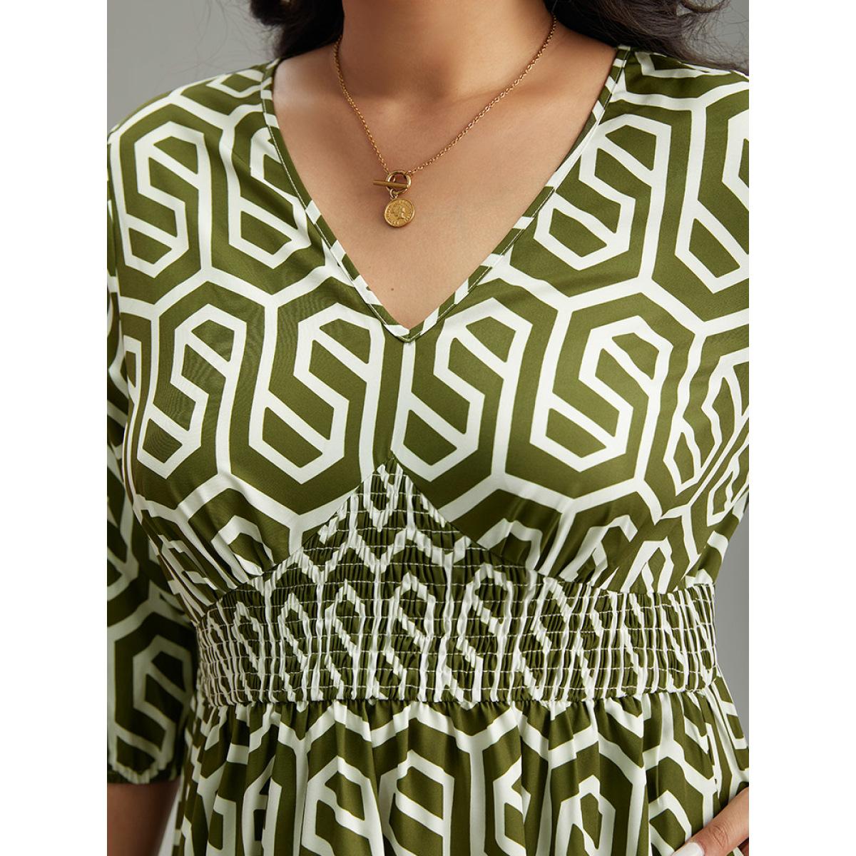 Plus Size Geometric Print V Neck Shirred Dress ArmyGreen Women Office Elastic cuffs V-neck Elbow-length sleeve Curvy Midi Dress BloomChic 26/4X Product Image