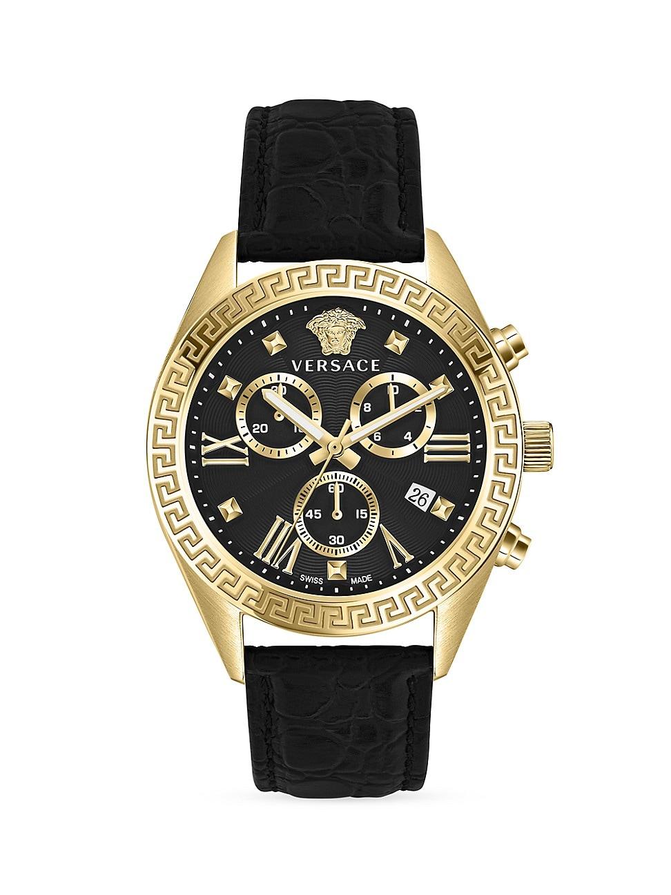 Womens Greca Chrono Goldtone Stainless Steel & Leather Watch Product Image