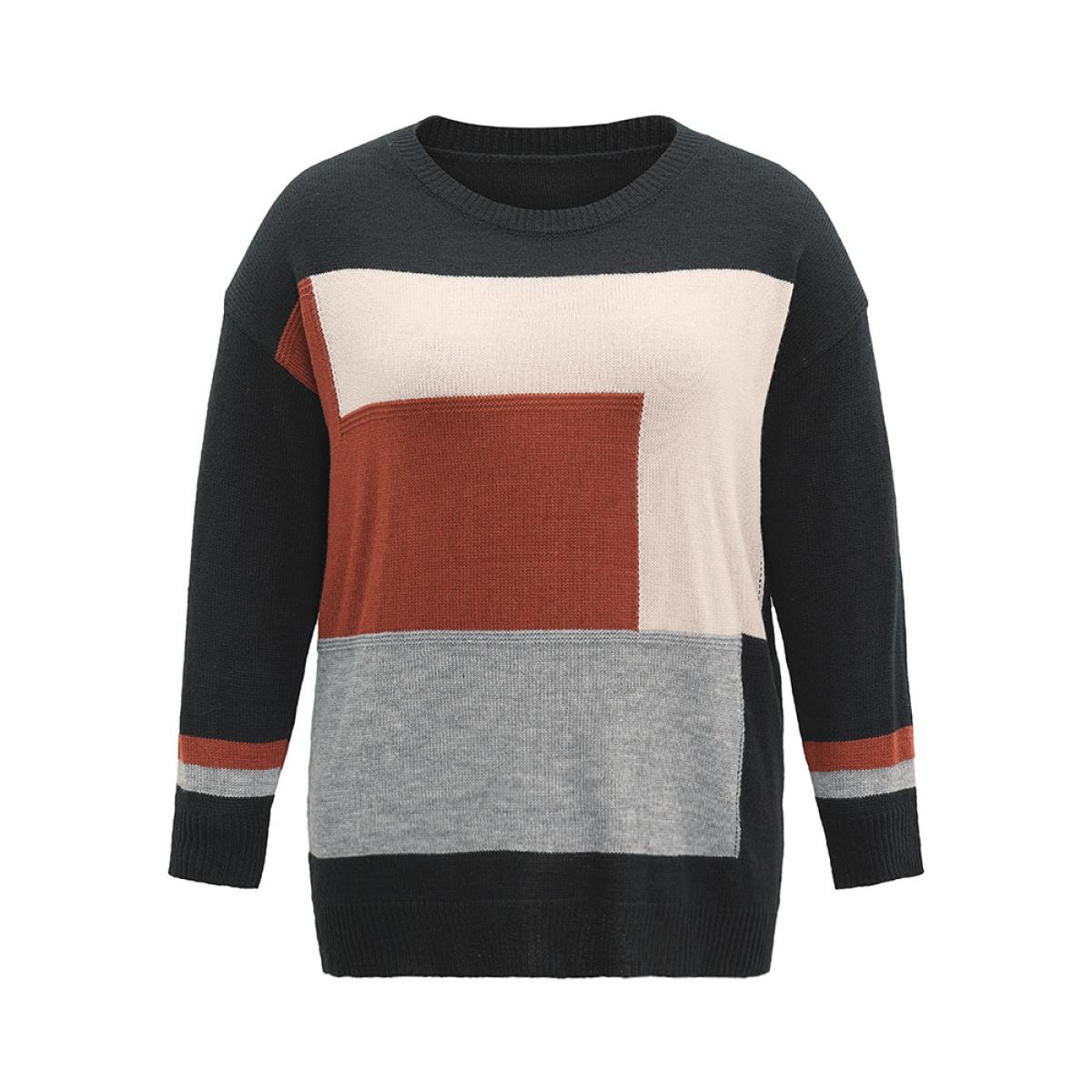 Plus Size Asymmetrical Colorblock Contrast Drop Shoulder Pullover Black Women Casual Loose Long Sleeve Round Neck Dailywear Pullovers BloomChic 28/5X Product Image