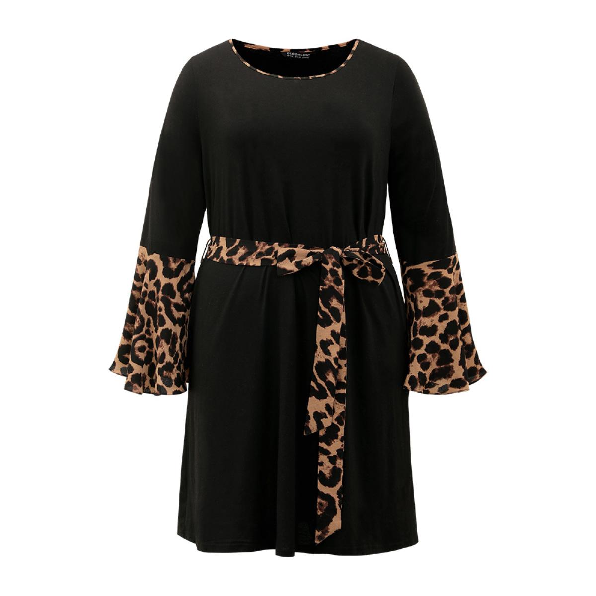 Plus Size Supersoft Essentials Leopard Bell Sleeve Belted Dress Black Women Casual Belted Round Neck Long Sleeve Curvy Knee Dress BloomChic 28/5X Product Image