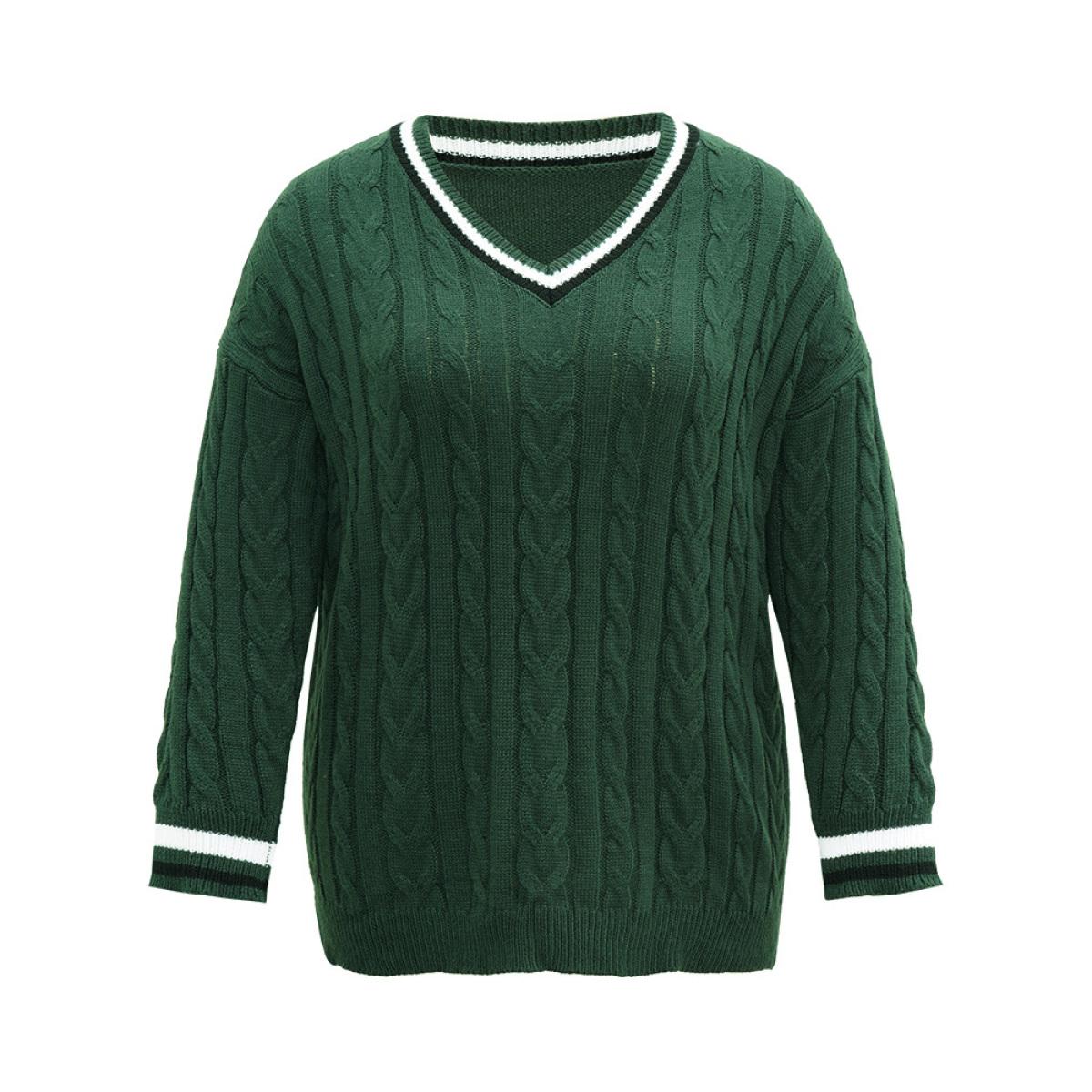 Plus Size Cable Knit Contrast Trim Drop Shoulder Pullover DarkGreen Women Casual Loose Long Sleeve V-neck Dailywear Pullovers BloomChic 22-24/3X Product Image